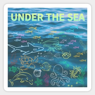 under the sea,blue sea,sea creatures,Turtle, puffer fish, starfish, shrimp, shark, tropical fish, sea horse, seaweed, sardines, squid, crabs, clams Sticker
